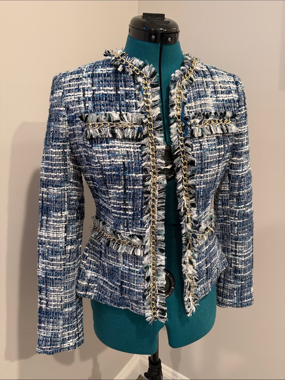 Boston Proper Navy & White Tweed Fringe Chain-Trim Jacket